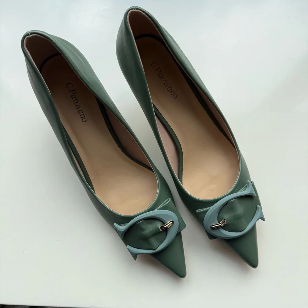 C. Paravano Pointed Toe Green Kitten Heel Pumps sz 40 new - Picture 6 of 11
